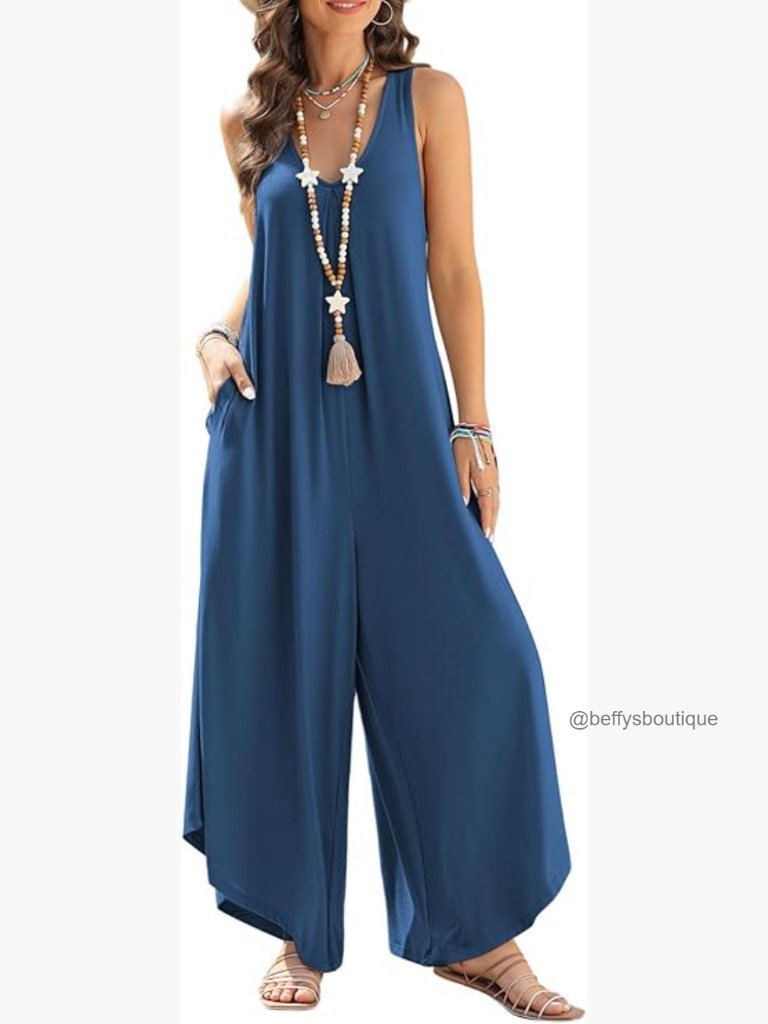Womens Sleeveless V Neck Ruched Wide Leg Jumpsuit Romper With Pockets